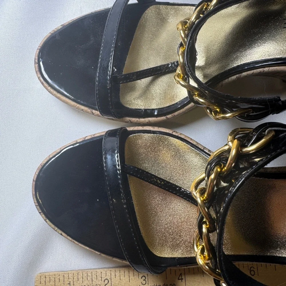 Rampage Briton Women's Black Patent Gold Chain‎ Cork Wedge Sandals Size 8.5 M